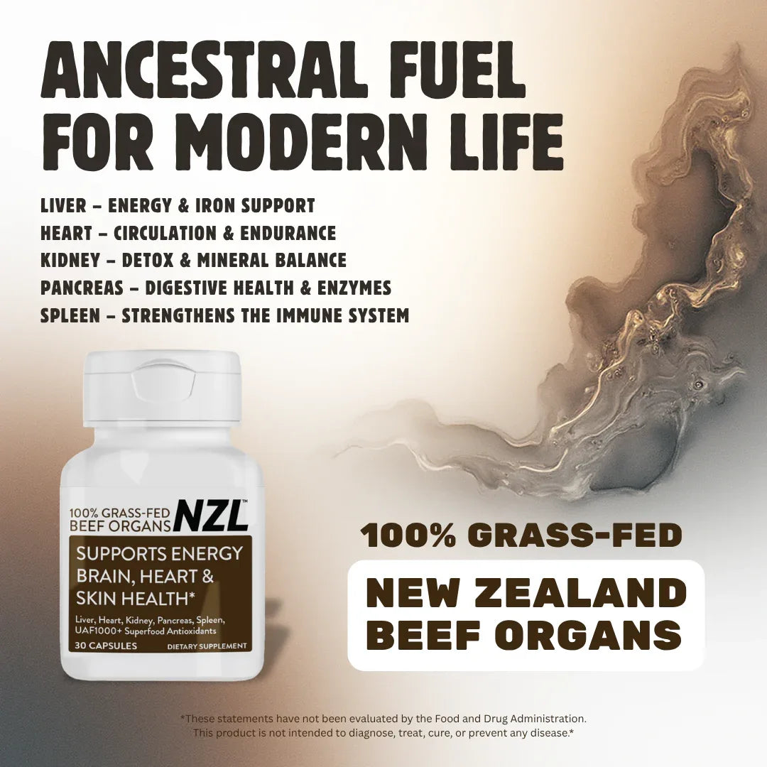 100% Grass-Fed Beef Organs NZL 30, Supports Energy, Brain, Heart & Skin Health, Liver, Heart, Kidney, Pancreas, Spleen, UAF1000+ Super Antioxidants