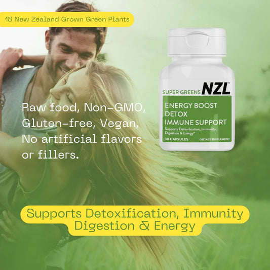 Cápsulas NZL Super Greens, suplemento de frutas y verduras, superalimento energético de Nueva Zelanda, verduras esenciales, antioxidantes, enzimas, desintoxicación y limpieza, 30 cápsulas