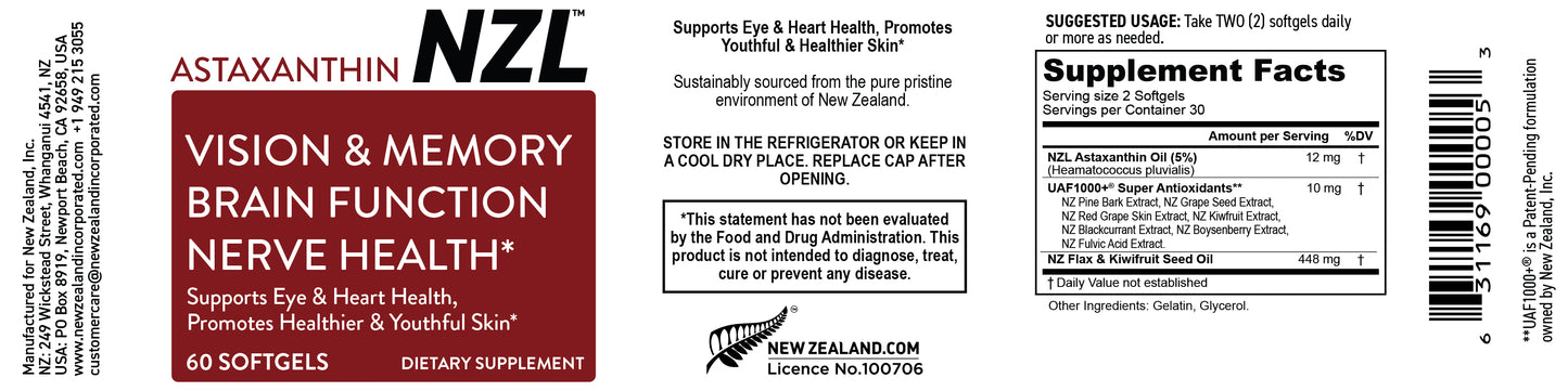 Astaxanthin NZL Supports Heart, Eye & Brain Health, Anti-Aging Skincare & Cellular Protection, 12mg Astaxanthin per Serve, 60 SOFTGELS