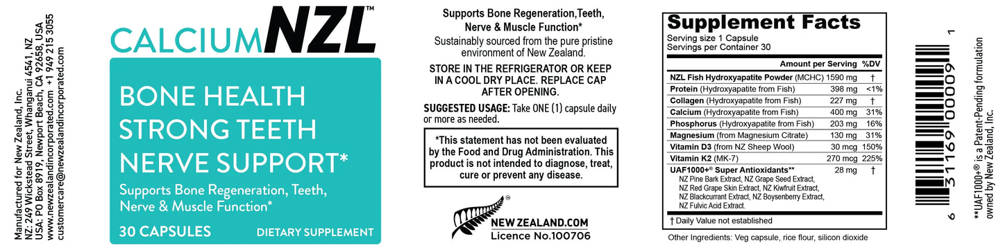 Calcium NZL, New Zealand Natural Raw Calcium Supplement for Bones, Teeth, Gut Health, & Cardiovascular Support, Phosphorus, Magnesium, Collagen, Selenium, 30 Capsules