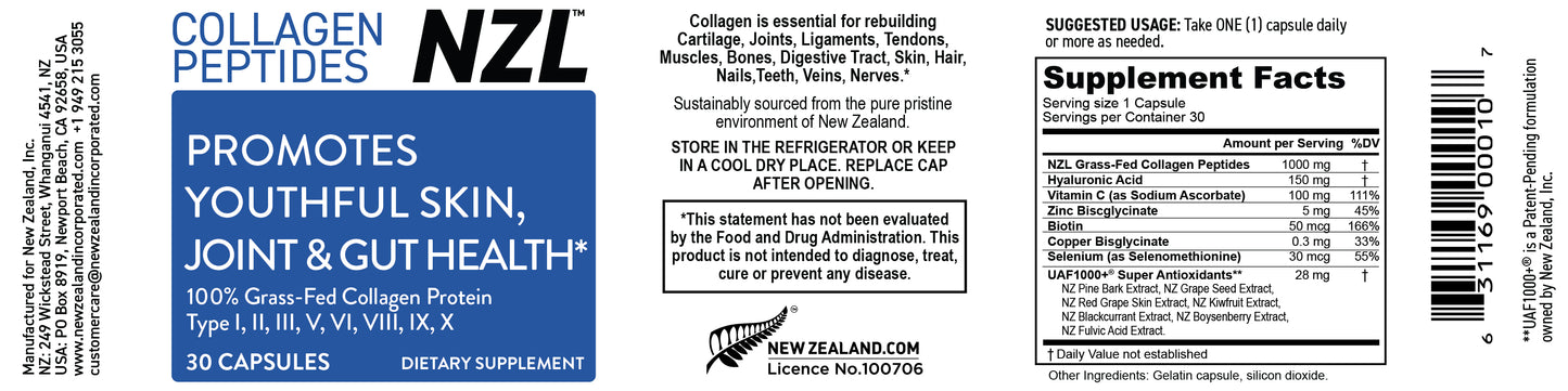 Collagen Peptides NZL, New Zealand Grass-Fed Collagen Supplement for Skin, Hair, Nails, Joints & Gut Health, with Hyaluronic Acid, Vitamin C, Biotin, 30 Capsules