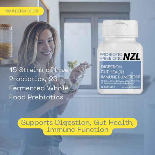 Cápsulas de probióticos y prebióticos NZL, una vez al día, 60 mil millones de UFC, salud digestiva para hombres y mujeres, 18 cepas, estables, con alimentos integrales fermentados, prebióticos y fibra, 60 cápsulas, suministro para 1 mes