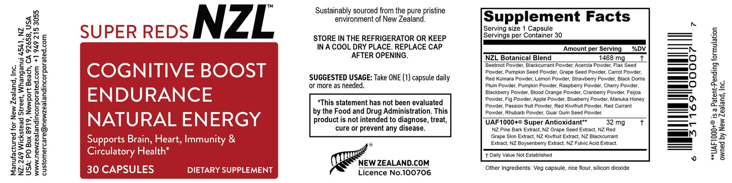 Cápsulas NZL Super Reds, superalimento energético totalmente natural de Nueva Zelanda, frutas rojas, verduras y remolacha esenciales, antioxidantes, enzimas, suplementos energéticos, 30 cápsulas
