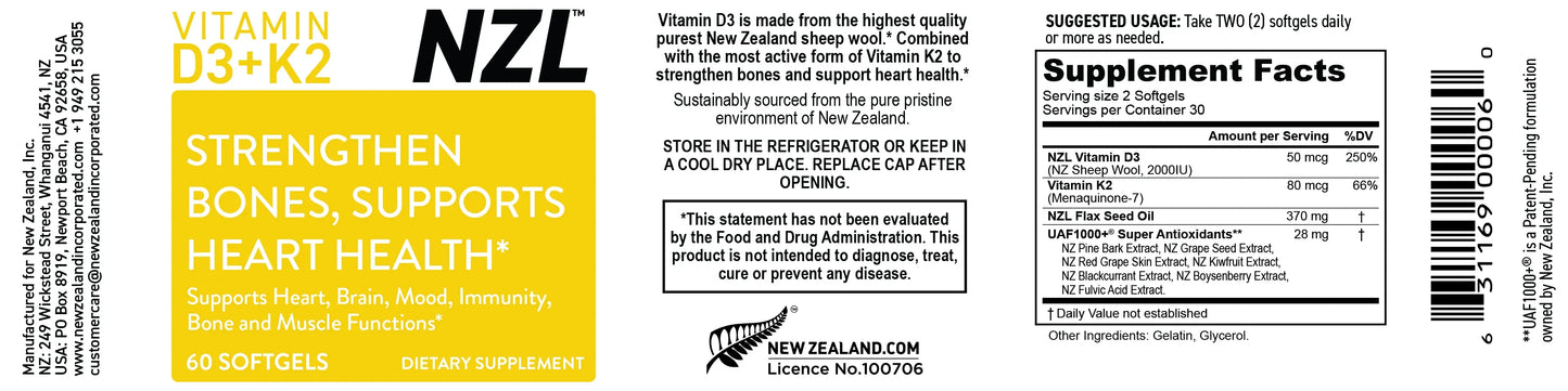 Vitamina D3 y K2 de NZL, vitamina D3 de alta potencia 2000 UI y K2 (MK7) 80 mcg, vitamina D3 única de 100 % de lanolina de lana de oveja de Nueva Zelanda. Apoyo cardiovascular y salud ósea, 60 cápsulas blandas