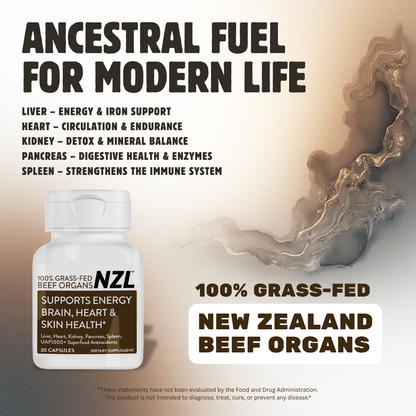 100% Grass-Fed Beef Organs NZL 30, Supports Energy, Brain, Heart & Skin Health, Liver, Heart, Kidney, Pancreas, Spleen, UAF1000+ Super Antioxidants