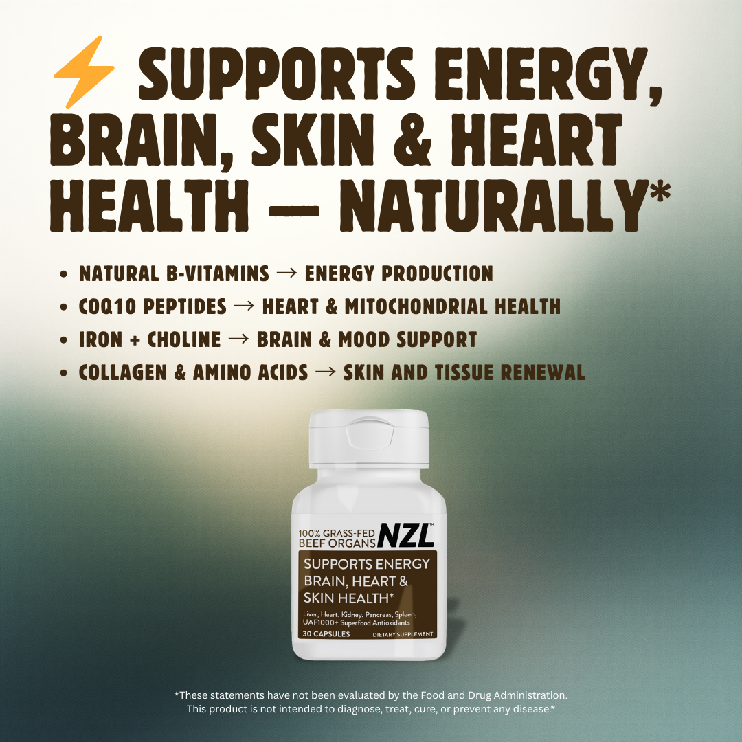 100% Grass-Fed Beef Organs NZL 30, Supports Energy, Brain, Heart & Skin Health, Liver, Heart, Kidney, Pancreas, Spleen, UAF1000+ Super Antioxidants