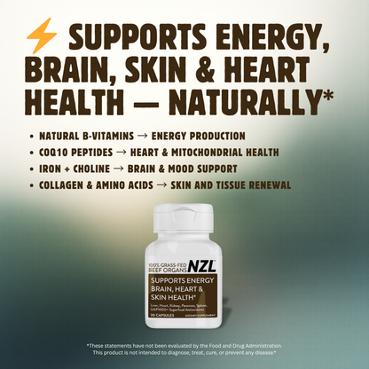100% Grass-Fed Beef Organs NZL 30, Supports Energy, Brain, Heart & Skin Health, Liver, Heart, Kidney, Pancreas, Spleen, UAF1000+ Super Antioxidants