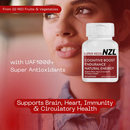 Cápsulas NZL Super Reds, superalimento energético totalmente natural de Nueva Zelanda, frutas rojas, verduras y remolacha esenciales, antioxidantes, enzimas, suplementos energéticos, 30 cápsulas 