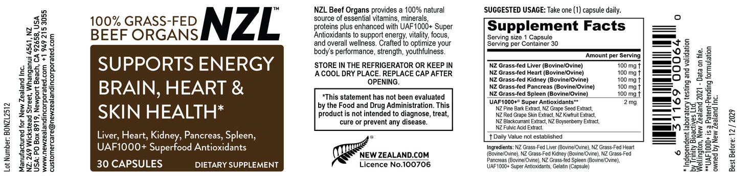 100% Grass-Fed Beef Organs NZL 30, Supports Energy, Brain, Heart & Skin Health, Liver, Heart, Kidney, Pancreas, Spleen, UAF1000+ Super Antioxidants
