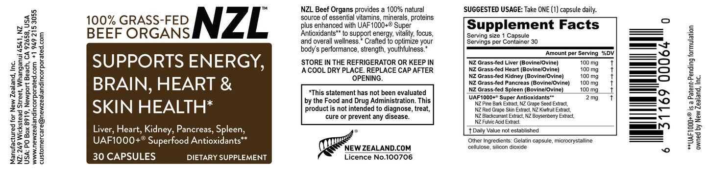 100% Grass-Fed Beef Organs NZL 30, Supports Energy, Brain, Heart & Skin Health, Liver, Heart, Kidney, Pancreas, Spleen, UAF1000+ Super Antioxidants