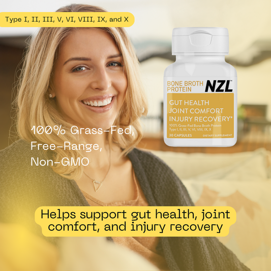 Bone Broth Protein NZL, 100% Grass-Fed New Zealand Cattle Source, Hydrolyzed, Joint, Skin, Hair & Nail Support, Amino Acids, Anti-Aging 30 Capsules