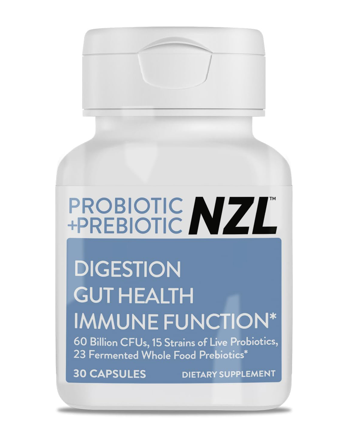 Cápsulas de probióticos y prebióticos NZL, una vez al día, 60 mil millones de UFC, salud digestiva para hombres y mujeres, 18 cepas, estables, con alimentos integrales fermentados, prebióticos y fibra, 60 cápsulas, suministro para 1 mes