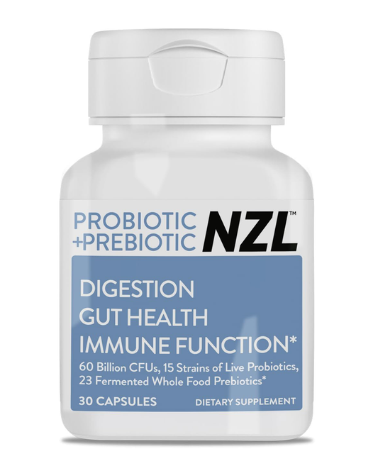 NZL Probiotic + Prebiotic Capsules, Once Daily 60 Billion CFUs, Digestive Health for Men and Women, 18 Strains, Shelf Stable, With Fermented Wholefoods, Prebiotic & Fibre, 60 caps, 1 Month Supply