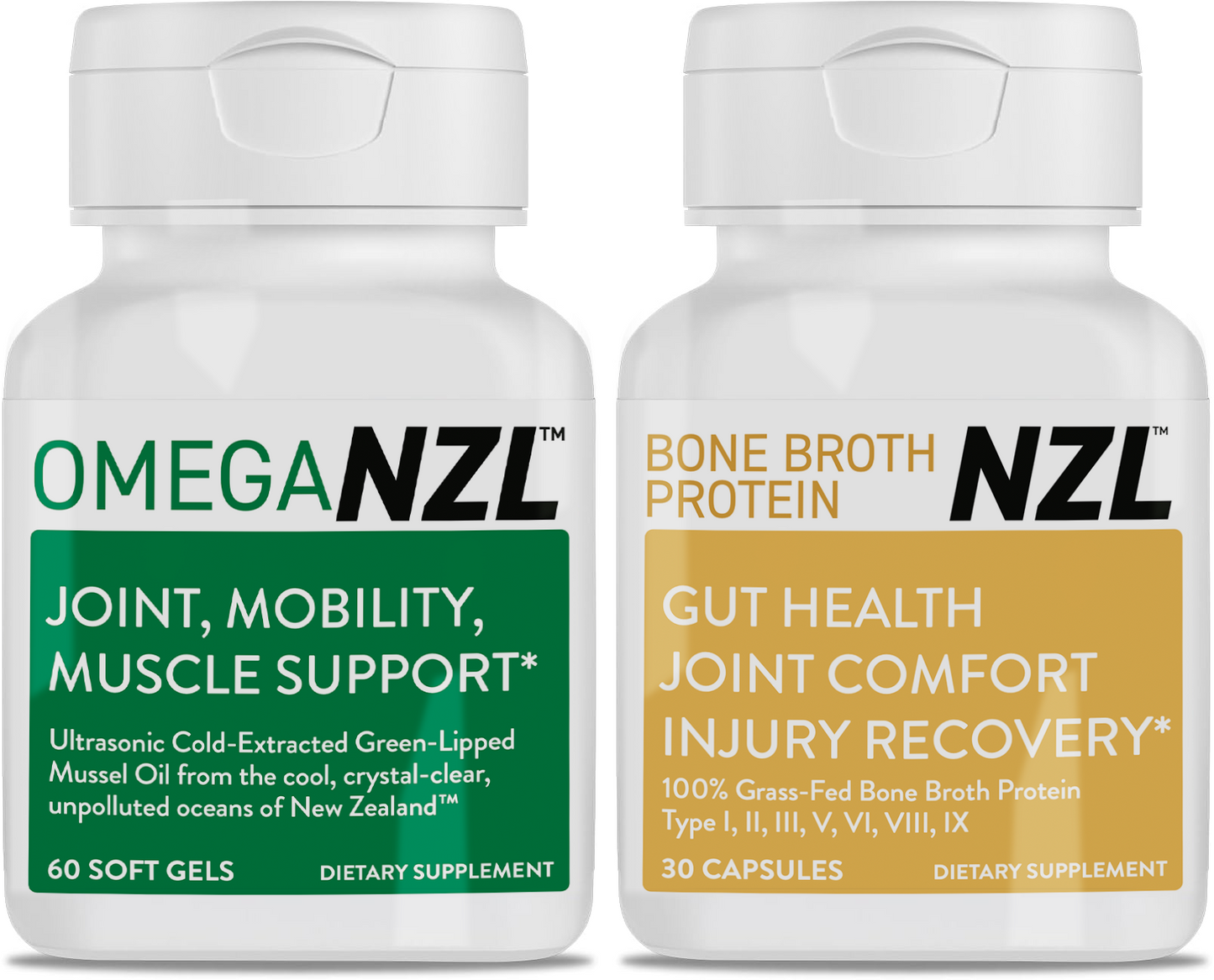 OmegaNZL Natural Joint Pain Relief Supplement, Green Lipped Mussel Oil + Bone Broth Protein DuoPack