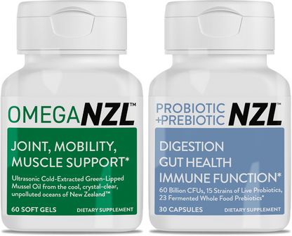 OmegaNZL Natural Joint Pain Relief Supplement, Green Lipped Mussel Oil + Probiotic +Prebiotic DuoPack