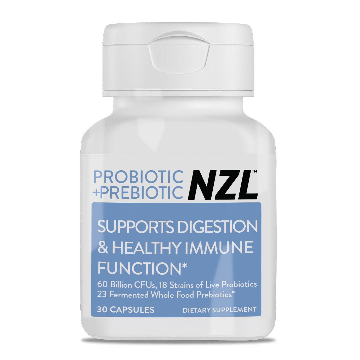 Probiotic + Prebiotic NZL Capsules, Once Daily 60 Billion CFUs, Digestive Health for Men and Women, 18 Strains, Shelf Stable, With Fermented Wholefoods, Prebiotic & Fibre, 30 Capsules