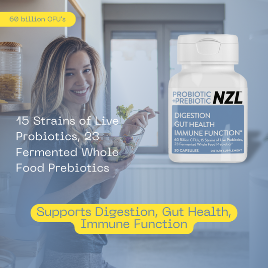 Probiotic + Prebiotic NZL Capsules, Once Daily 60 Billion CFUs, Digestive Health for Men and Women, 18 Strains, Shelf Stable, With Fermented Wholefoods, Prebiotic & Fibre, 30 Capsules