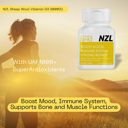 Vitamin D3 & K2 NZL, High Potency D3 2000IU and K2 (MK7) 80mcg, Unique Vitamin D3 from 100% New Zealand Sheep's Wool Lanolin. Cardiovascular Support & Bone Health, 60 SOFTGELS