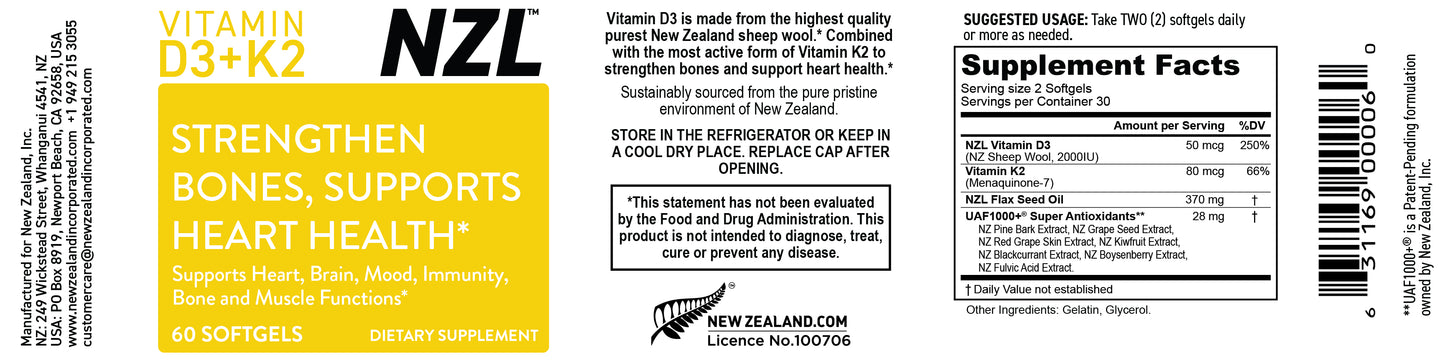 Vitamin D3 & K2 NZL, High Potency D3 2000IU and K2 (MK7) 80mcg, Unique Vitamin D3 from 100% New Zealand Sheep's Wool Lanolin. Cardiovascular Support & Bone Health, 60 SOFTGELS