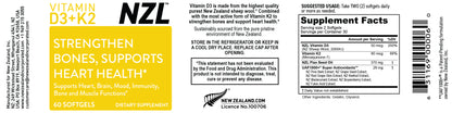 Vitamin D3 & K2 NZL, High Potency D3 2000IU and K2 (MK7) 80mcg, Unique Vitamin D3 from 100% New Zealand Sheep's Wool Lanolin. Cardiovascular Support & Bone Health, 60 SOFTGELS